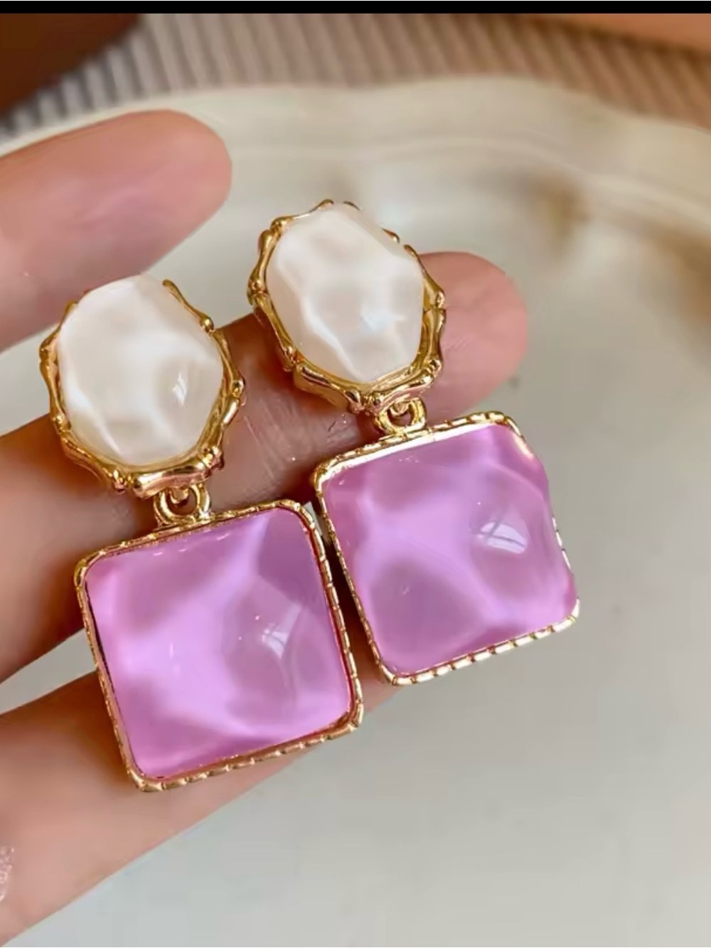 Gold-Tone Purple & White Drop Earrings